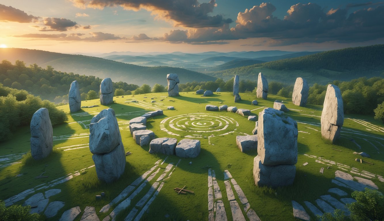 A landscape in Serbia showing large ancient stone structures and earth patterns arranged in mysterious formations with hills and forests in the background.