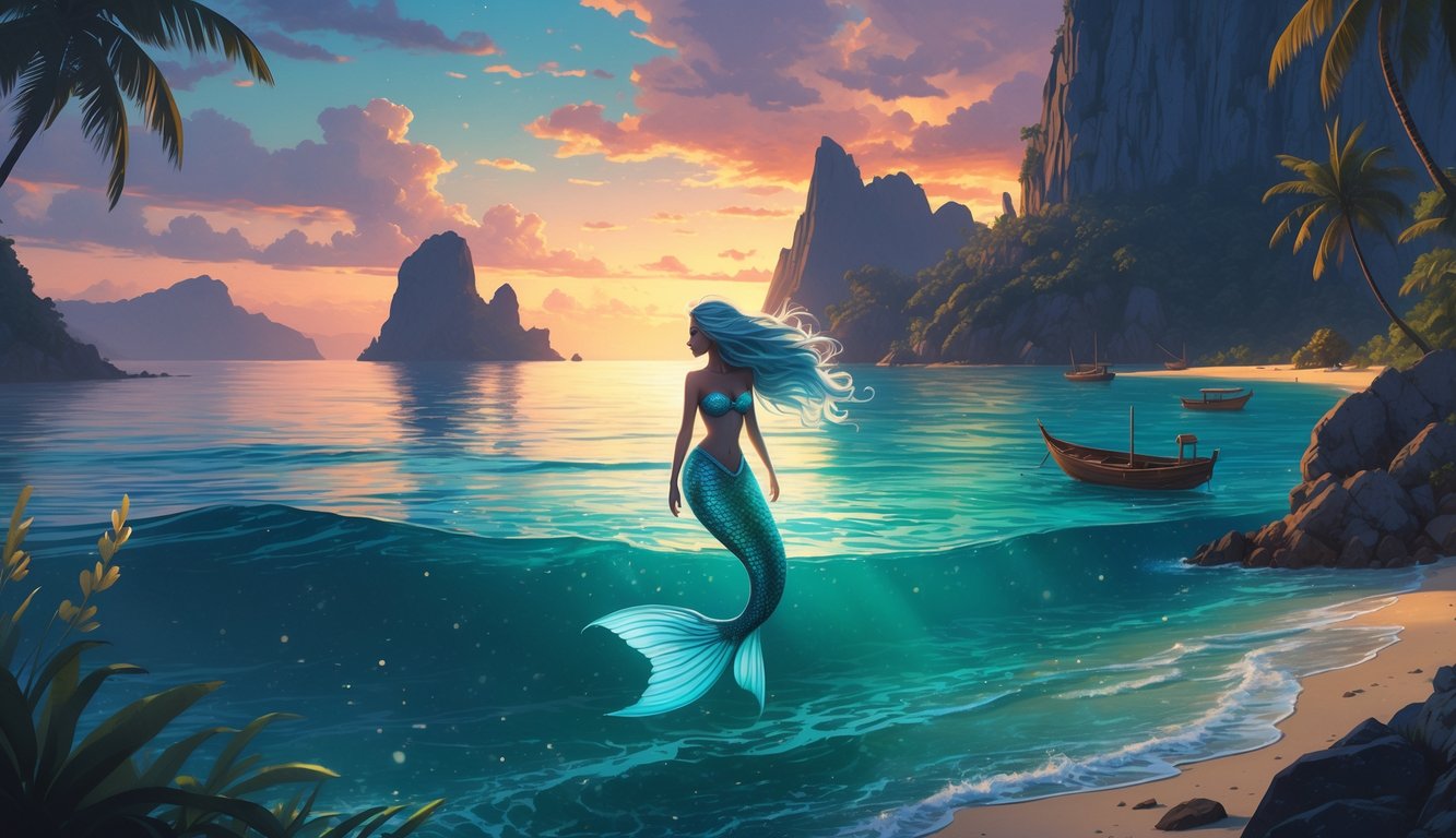 A mermaid partially visible above calm turquoise waters near a tropical island with granite rocks and lush vegetation at sunset.