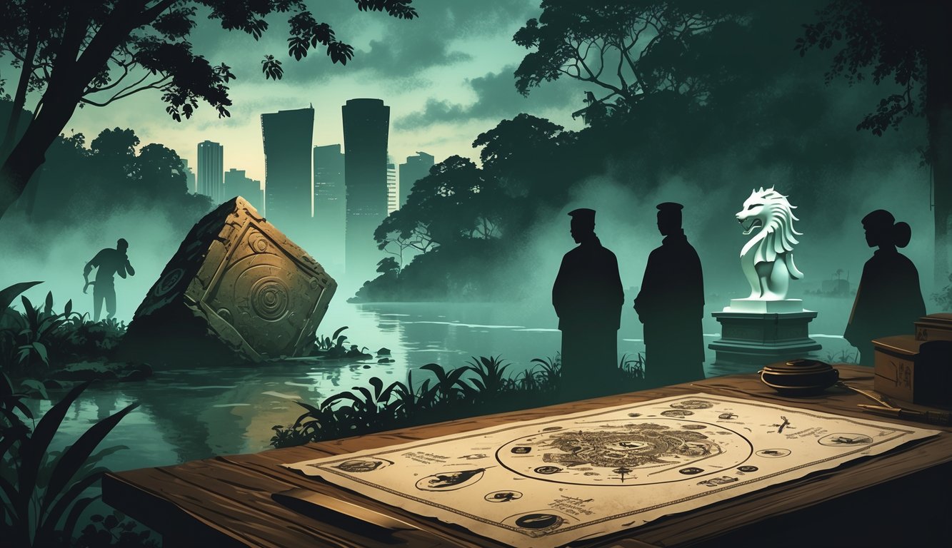 A scene showing an ancient artifact in a jungle near a river, an old map with symbols on a table, people in traditional clothing whispering, and the Merlion statue surrounded by mist under a twilight sky.