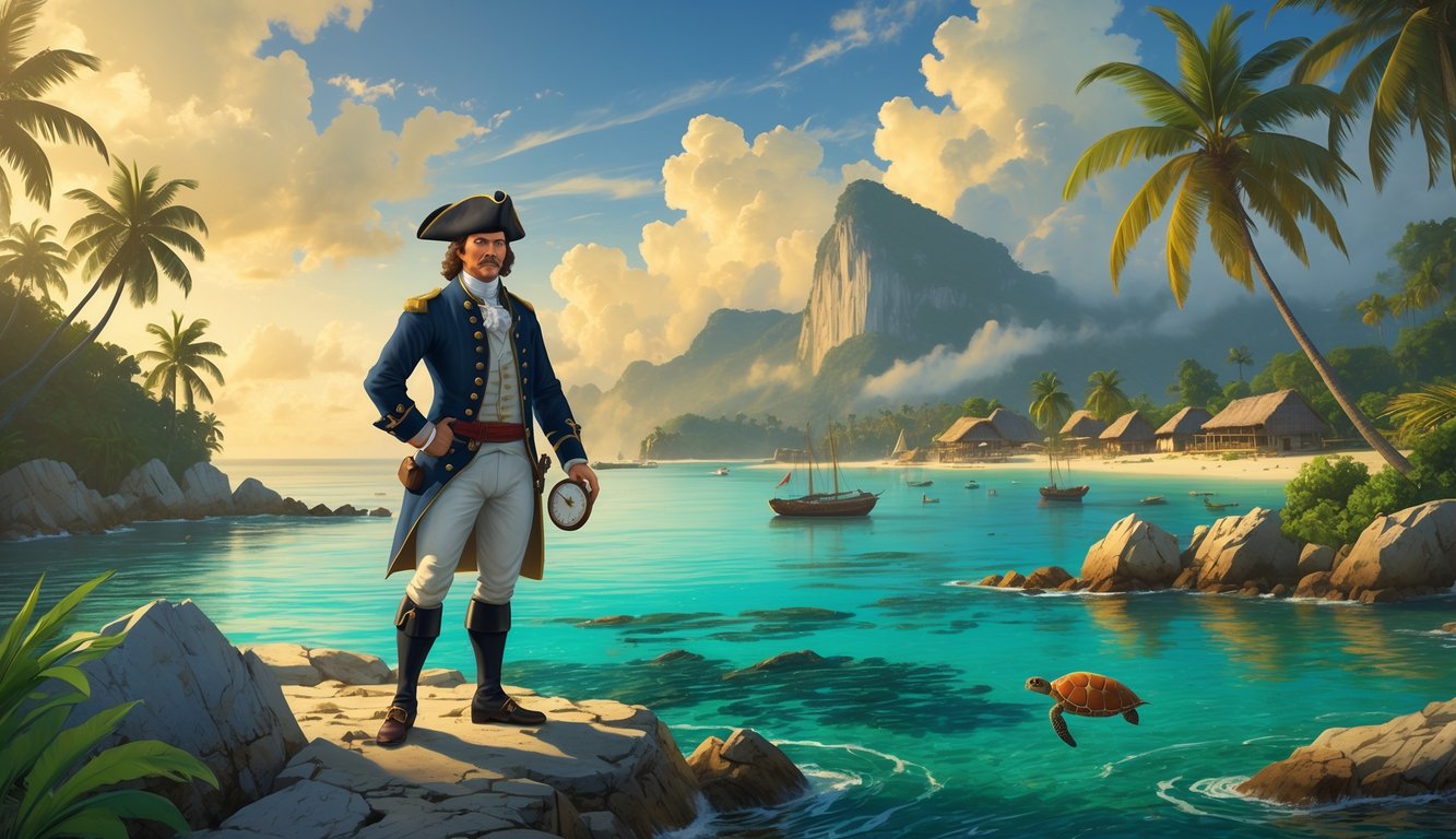 An explorer stands on a rocky shore of the Seychelles islands with tropical trees, early French settlement buildings in the background, and sailing ships offshore.