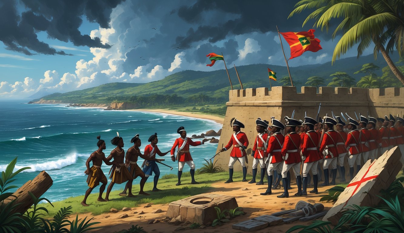 A coastal scene showing Sierra Leonean people and colonial soldiers in conflict near a fort by the ocean, surrounded by tropical forests and historical artifacts.