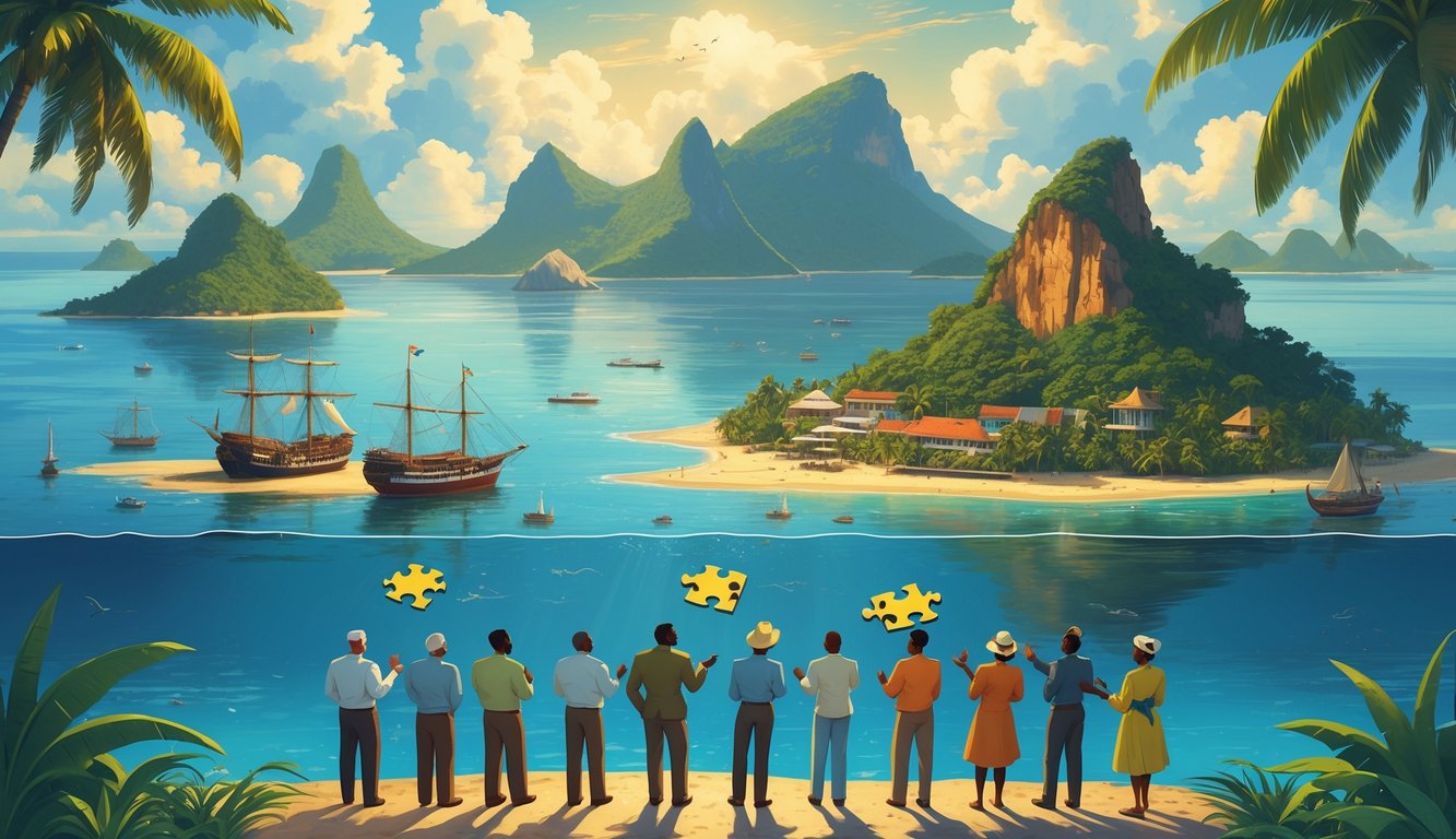 People examining a large jigsaw puzzle of the Seychelles islands with historical and cultural symbols, representing the complex struggle for independence.