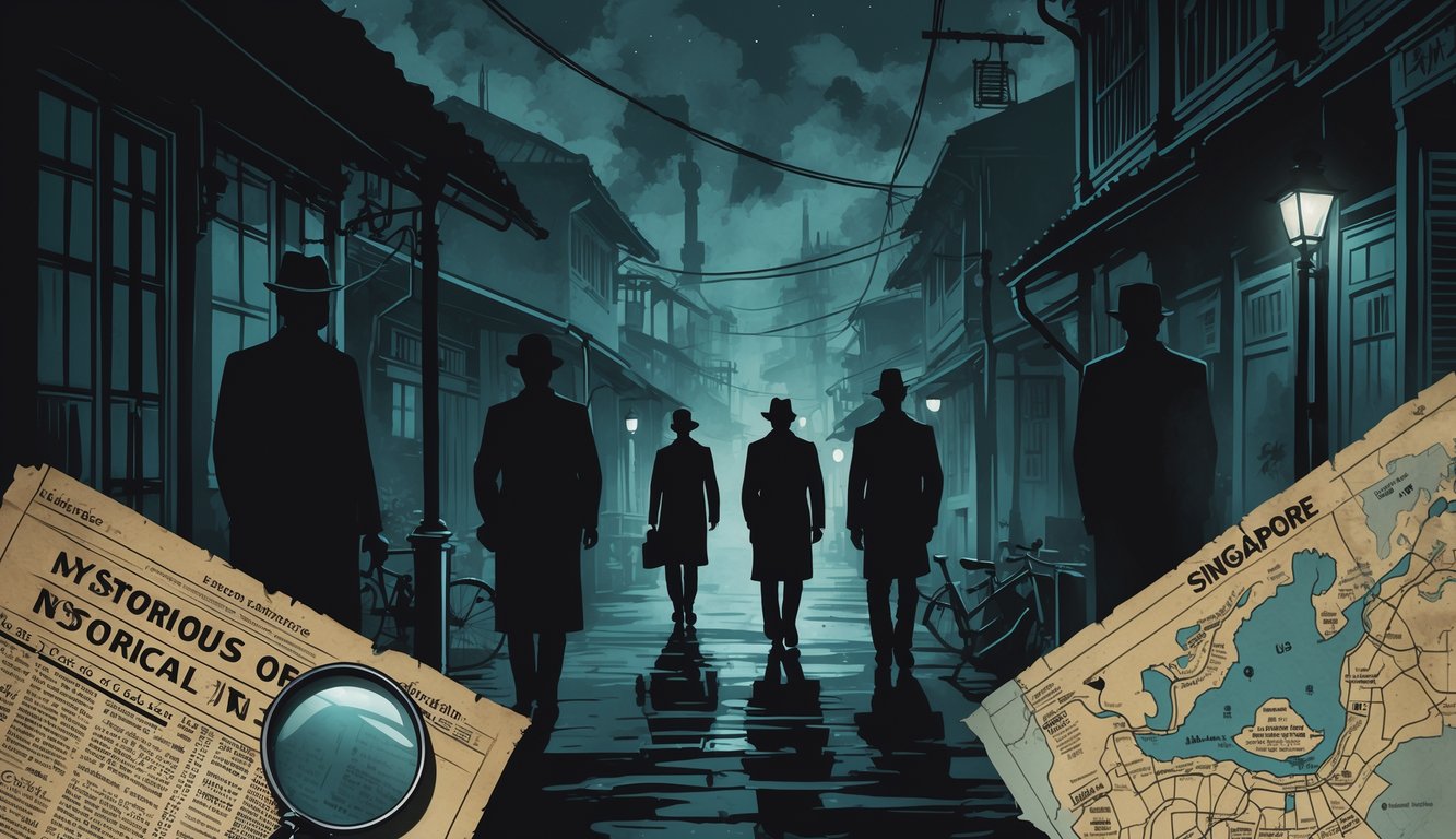 A nighttime scene of old Singapore streets with shadowy figures and symbolic clues suggesting historical criminal mysteries.