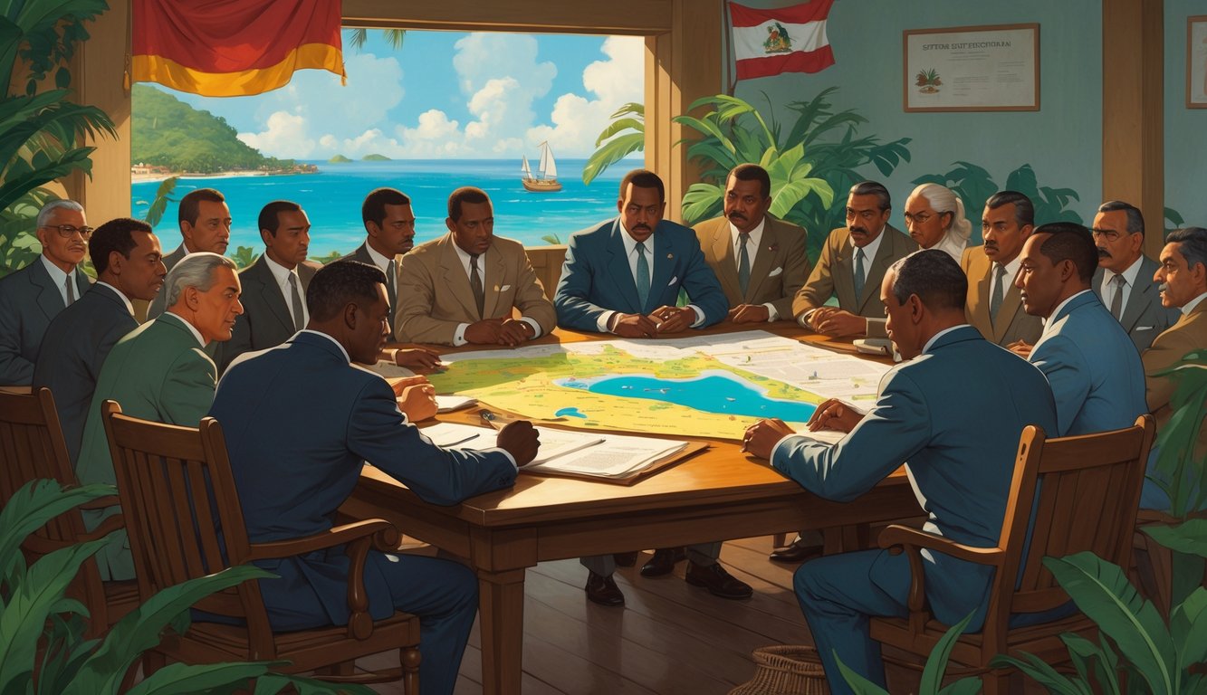 A group of Seychellois leaders in a colonial-era room discussing maps and documents, with a view of the ocean and traditional boats outside.
