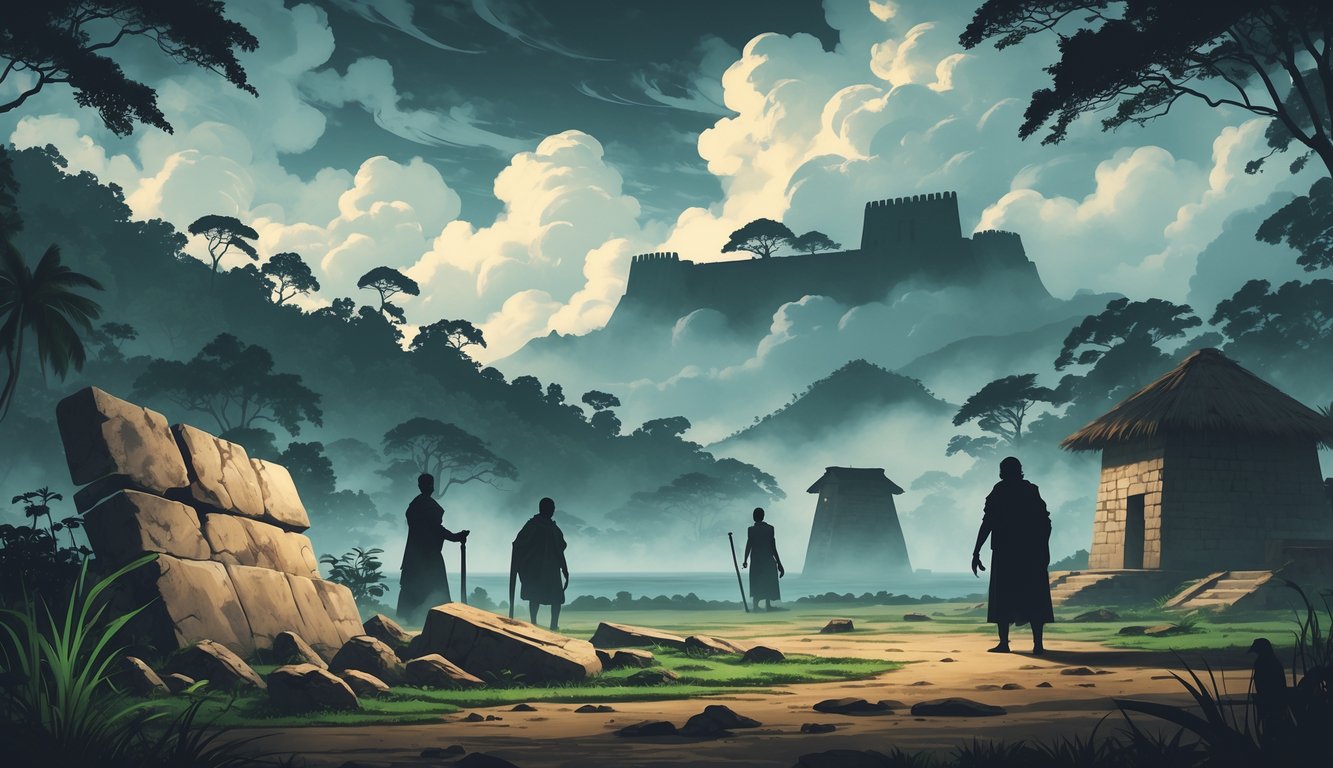 A mysterious landscape of Sierra Leone with ancient artifacts, traditional huts, ghostly figures, and the silhouette of a historic fortress under a cloudy sky.