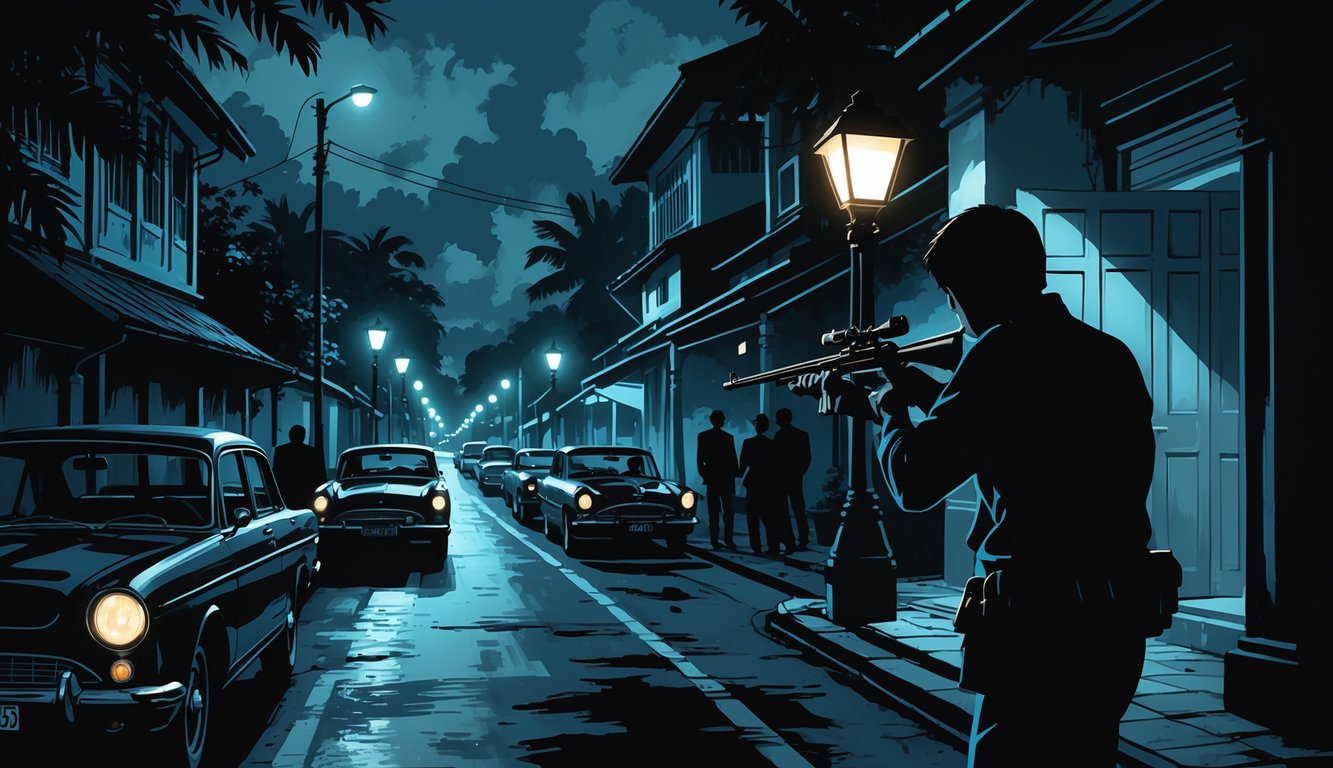 A nighttime street scene in 1960s Queenstown, Singapore, showing a hidden sniper aiming down a dimly lit street with vintage cars and colonial buildings around.