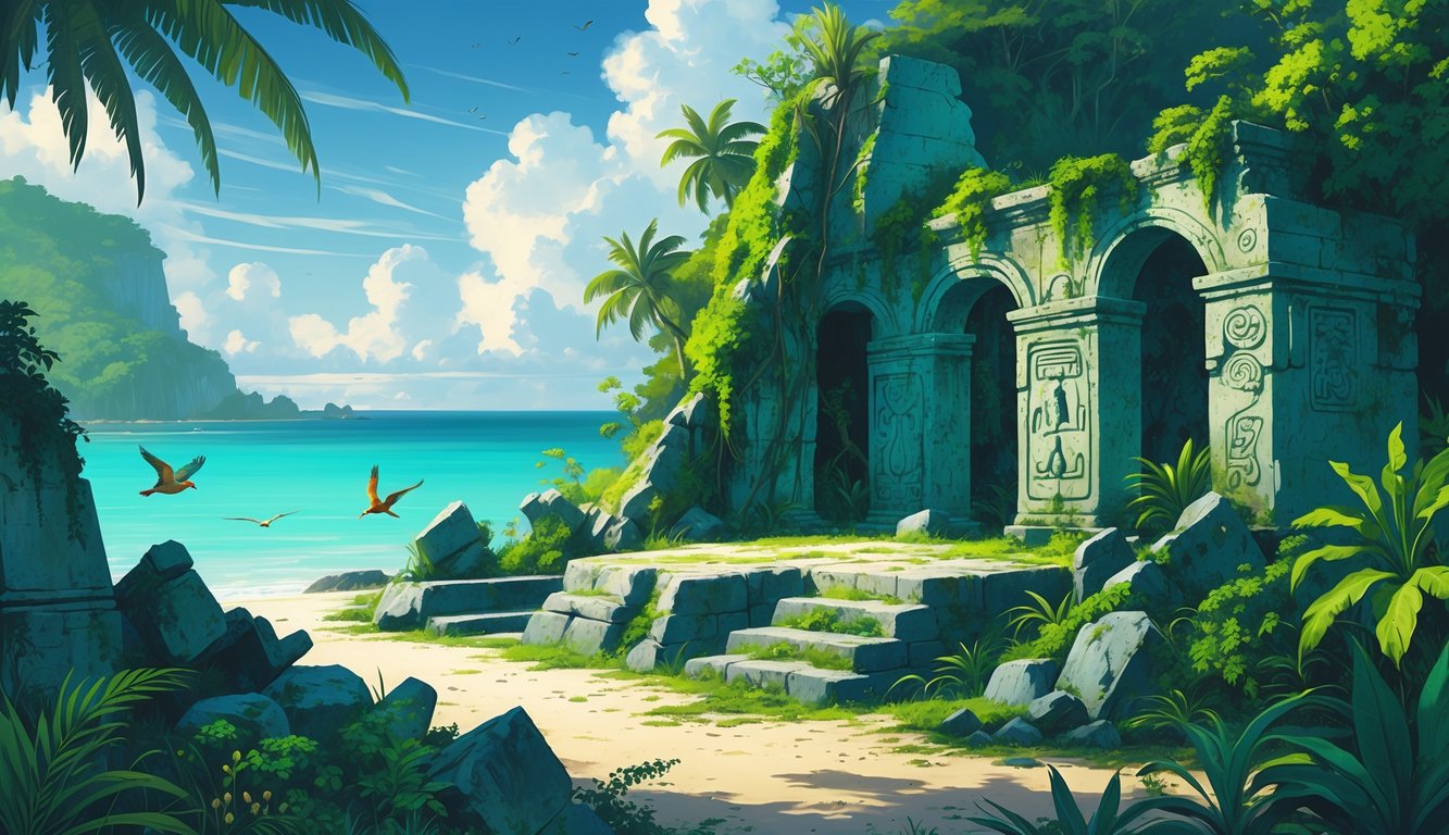 A tropical island with ancient stone ruins covered in vines, surrounded by dense greenery and a calm sea under a bright sky.