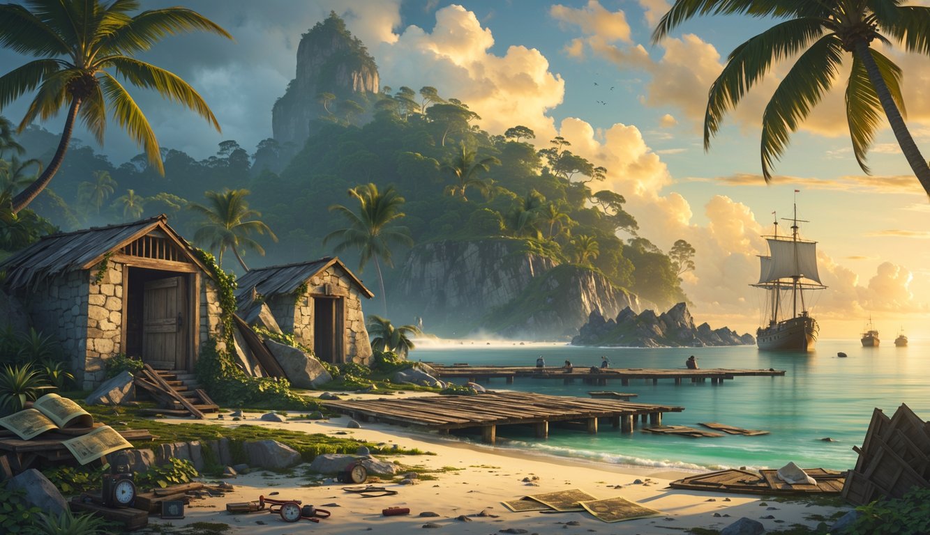 An island with overgrown ruins of colonial buildings surrounded by tropical vegetation and rocky shores, with old sailing ships anchored nearby under a sunset sky.