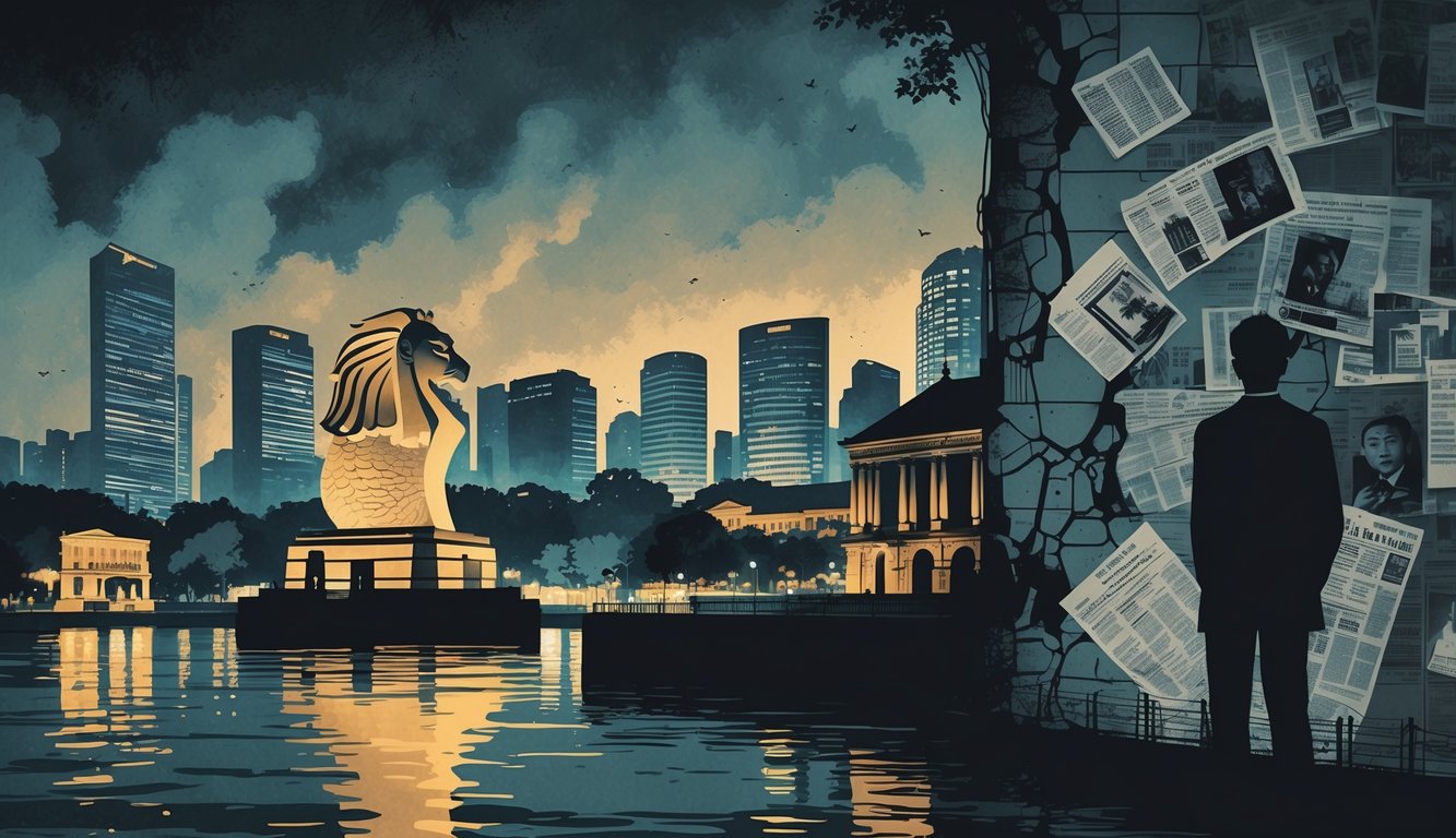 A dark, moody scene showing Singapore landmarks with shadowy figures and old photographs representing hidden social issues and historical mysteries.