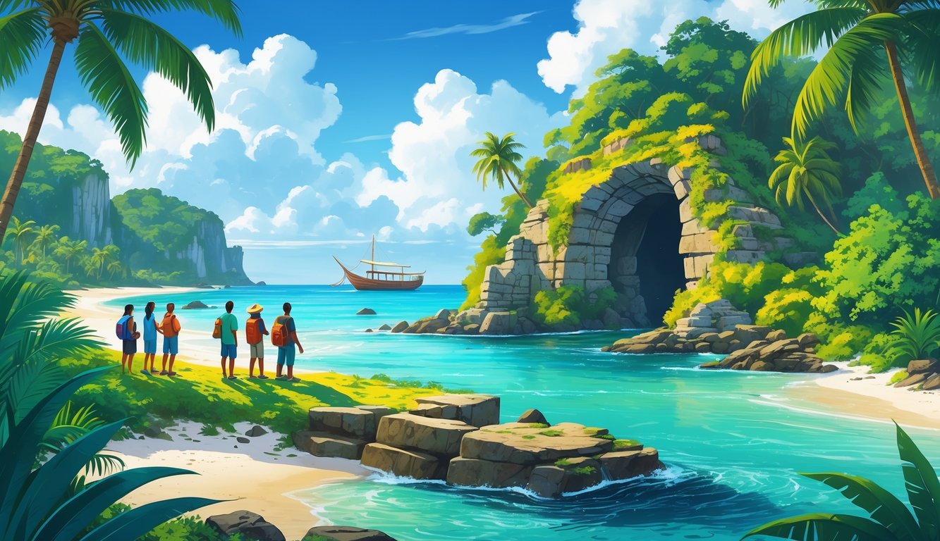 Tourists exploring ancient ruins and a hidden cave on a tropical Seychelles island with palm trees, turquoise water, and a wooden boat nearby.