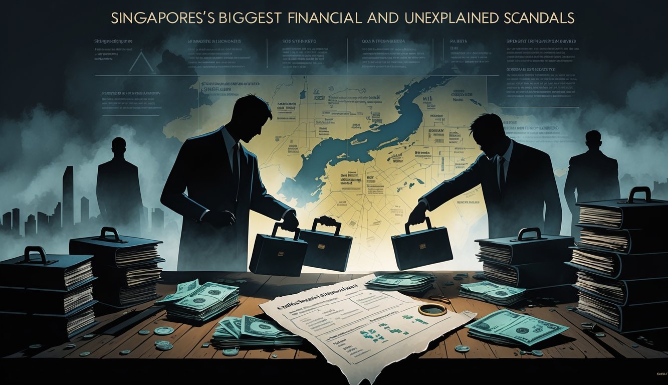 A scene showing a map of Singapore with shadowy figures exchanging money, scattered documents, and iconic landmarks in mist, suggesting mystery and investigation of financial scandals.