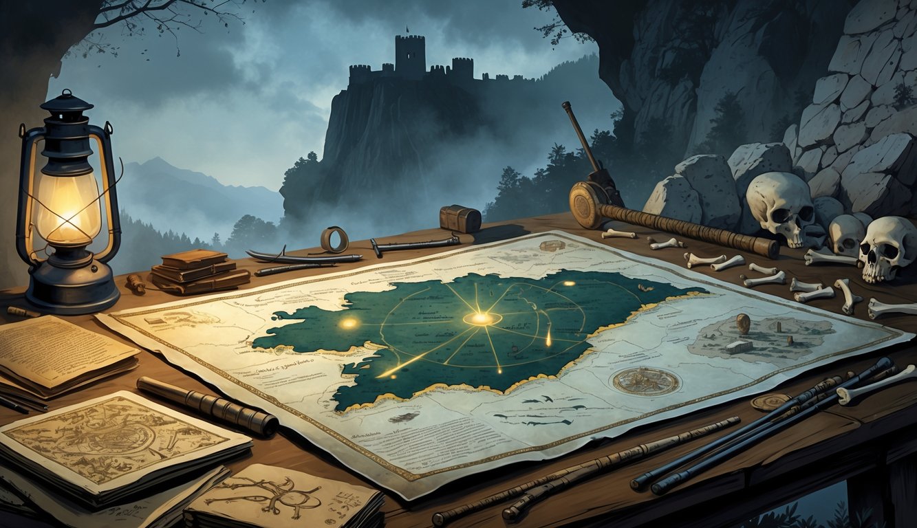 A table with an ancient map of Slovenia, surrounded by old artifacts and tools, with a misty castle on a cliff and ancient cave paintings in the background.