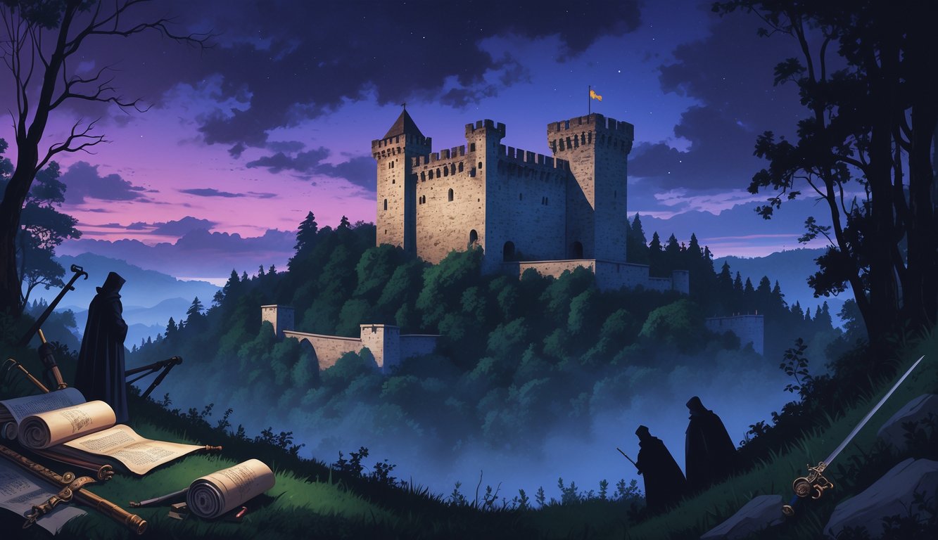 A twilight scene of Ljubljana Castle on a hill surrounded by misty forests, with medieval architecture and shadowy figures suggesting historical mysteries.