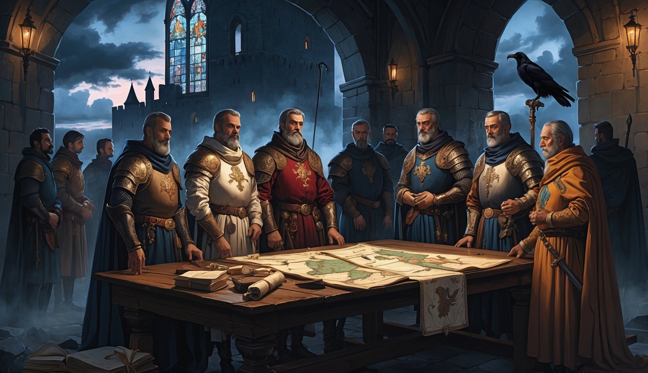 Medieval nobles in armor and regal clothes gathered around a table with maps inside a dimly lit castle, with shadowy figures in the background and a stormy sky visible through a window.