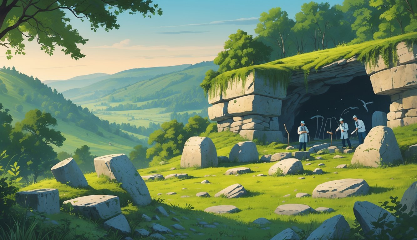 A landscape in Slovakia with ancient stone ruins, archeologists examining artifacts, a cave entrance, and prehistoric animals faintly visible in the distance.