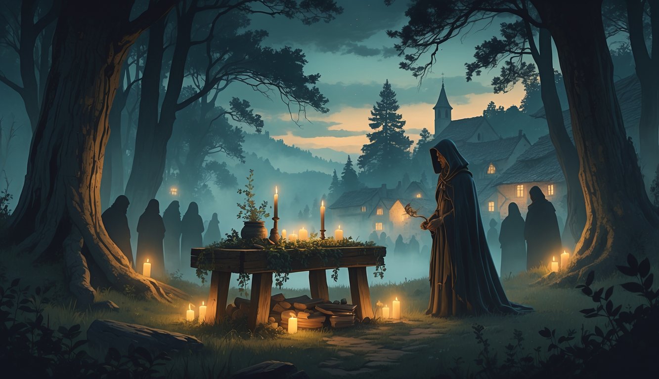 A cloaked figure near a wooden altar in a misty forest with ghostly villagers and a medieval village visible in the background.