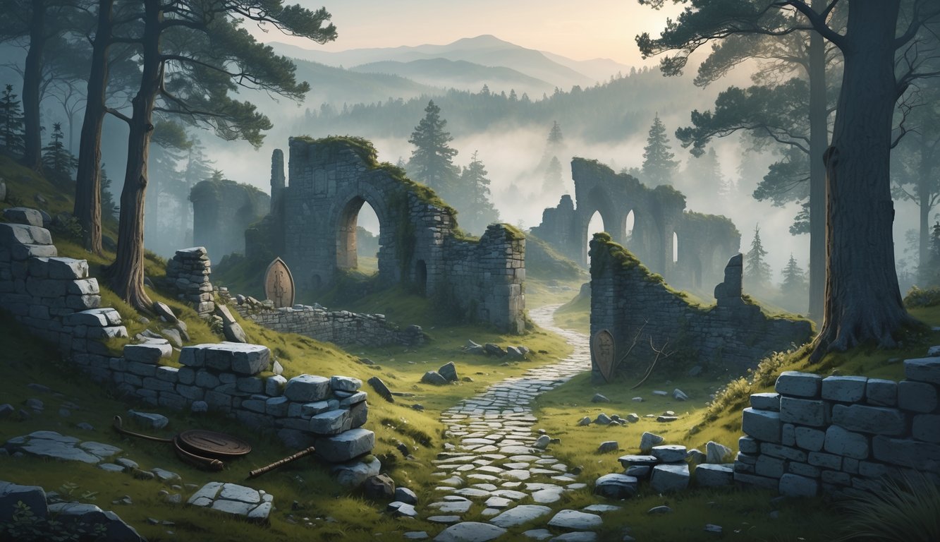 Ancient stone fortress ruins surrounded by misty forest and rolling hills, with scattered artifacts and a winding path leading into the ruins.