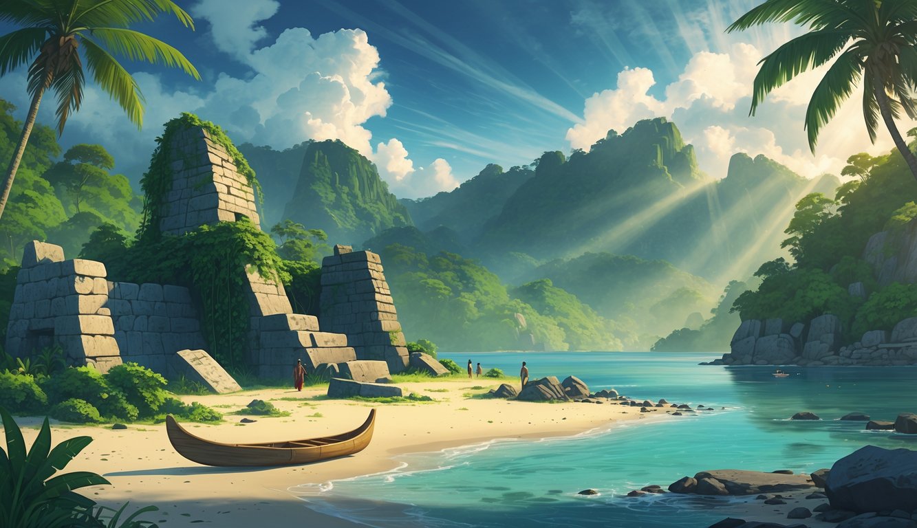 A tropical island with ancient stone ruins, petroglyphs on rocks, a wooden canoe by the shore, and misty mountains in the background.