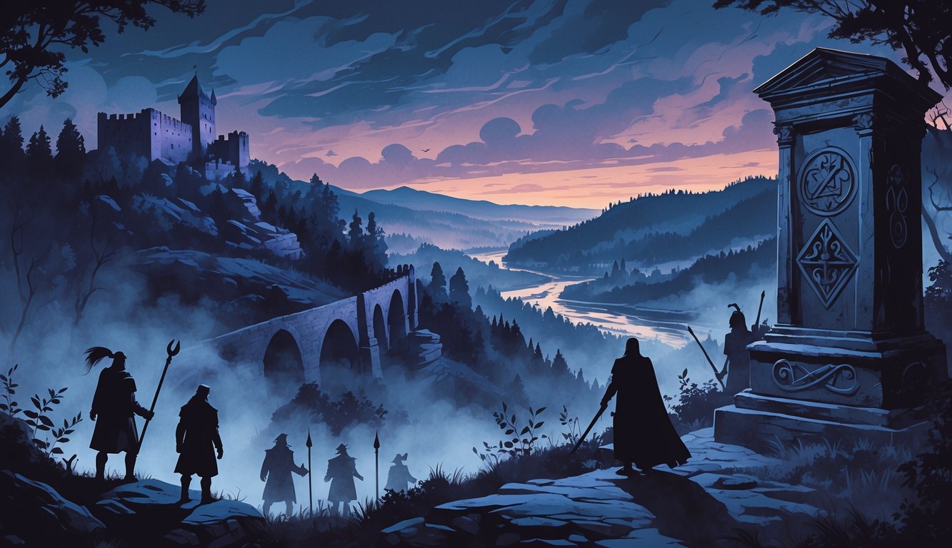 A mysterious landscape with ancient castles, shadowy legendary figures, mythical creatures, and stone monuments surrounded by dark forests and mist.
