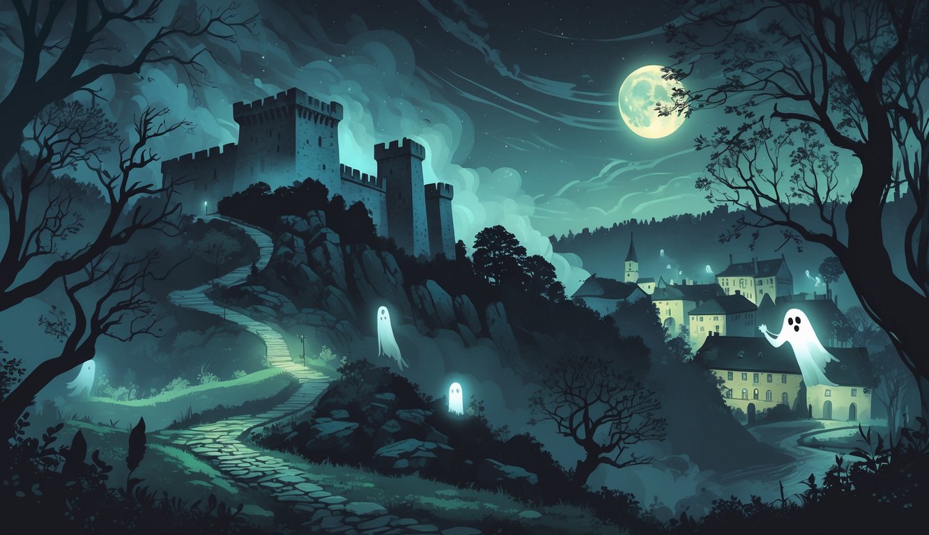 A nighttime scene showing an ancient stone castle on a hill surrounded by mist and ghostly figures, a dark forest with spectral shapes, and a historic village under a moonlit sky.