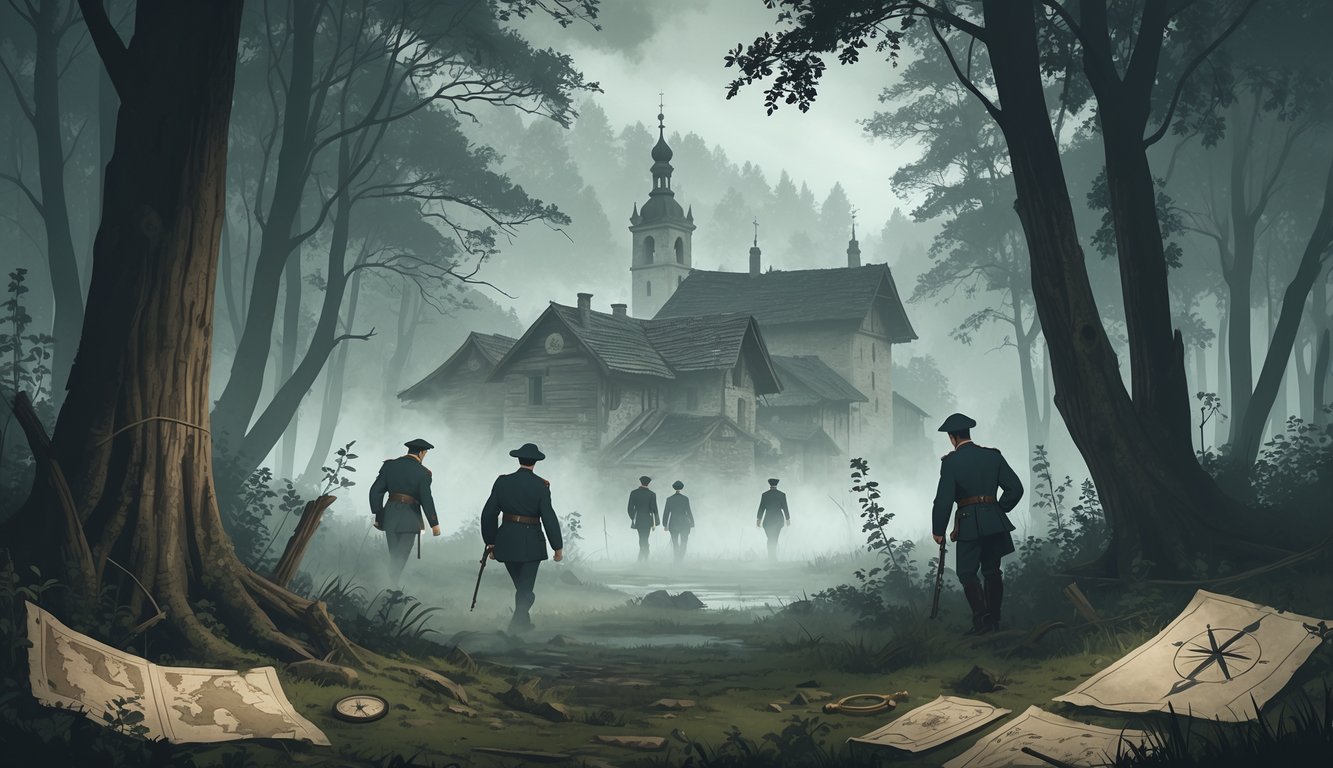 A misty forest scene with soldiers in World War I and II uniforms near a Slovenian village, surrounded by old maps and mysterious symbols carved into trees.
