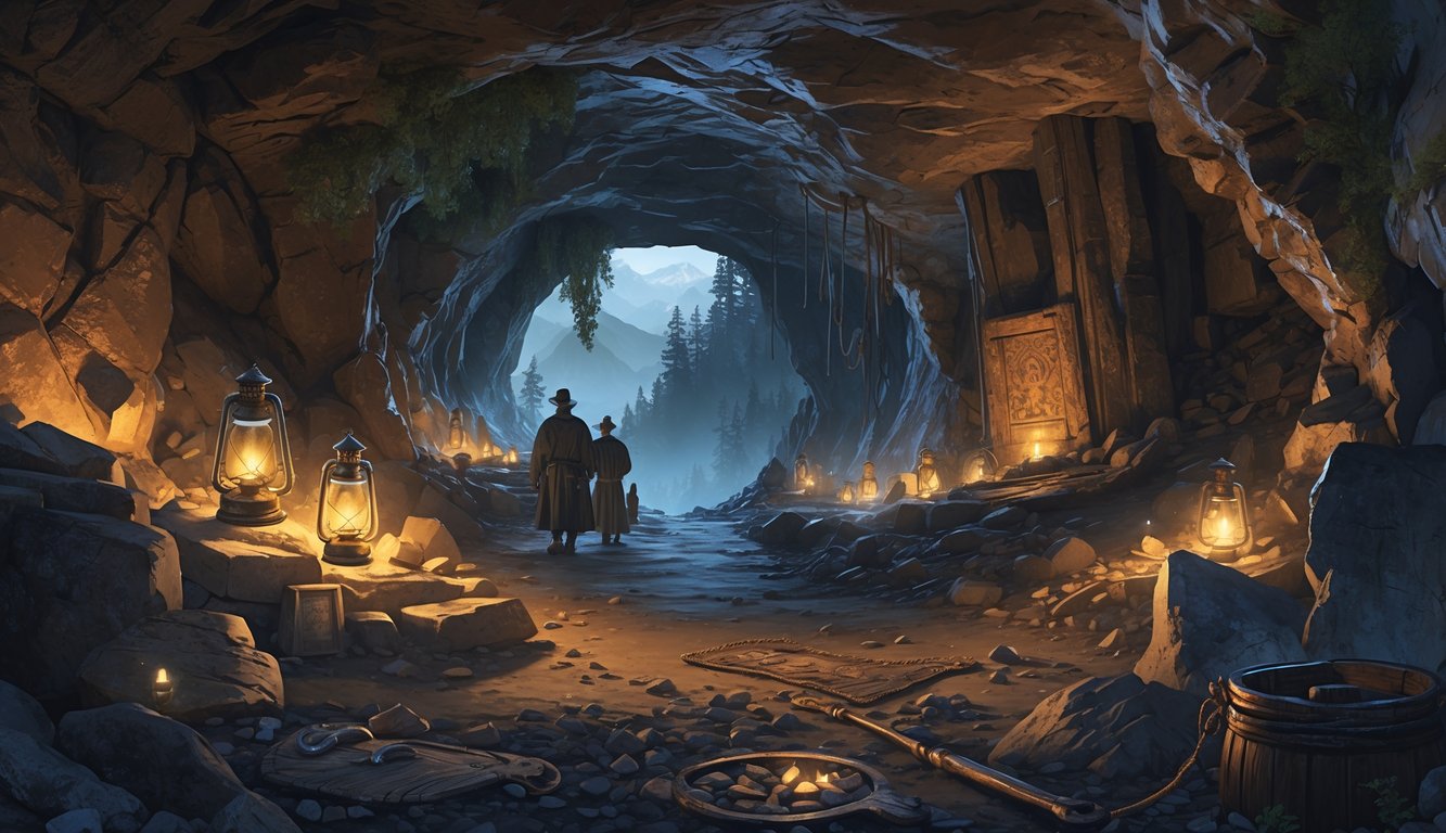 An underground cave system in Slovakia with ancient artifacts and explorers, with a forest and mountains visible above ground.