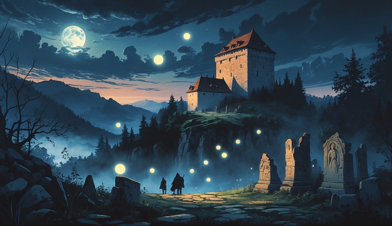 An ancient Slovak castle on a rocky hill at twilight surrounded by mist, forests, and mountains, with glowing orbs and ancient stone ruins nearby.