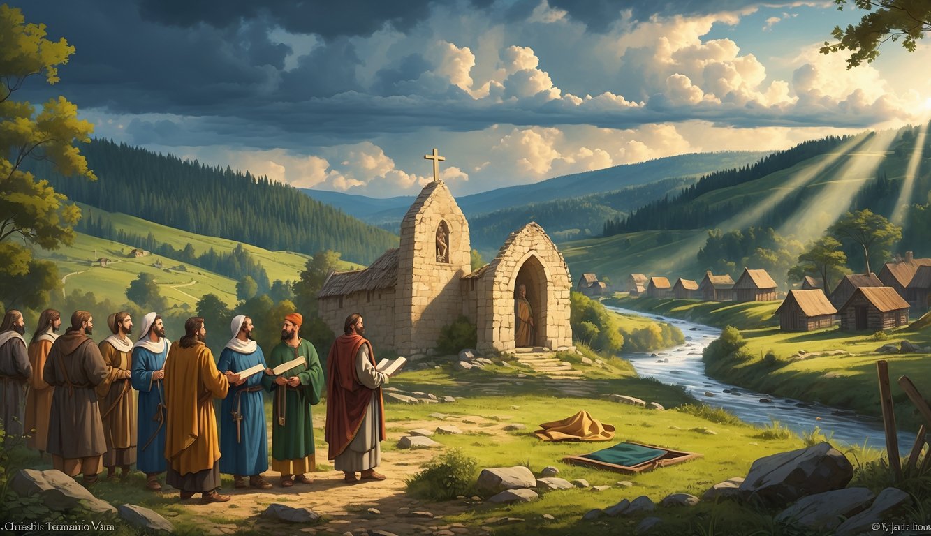 Early Christian missionaries interacting with local Slavic people near a partially built stone church in a medieval Slovak village surrounded by hills and forests.