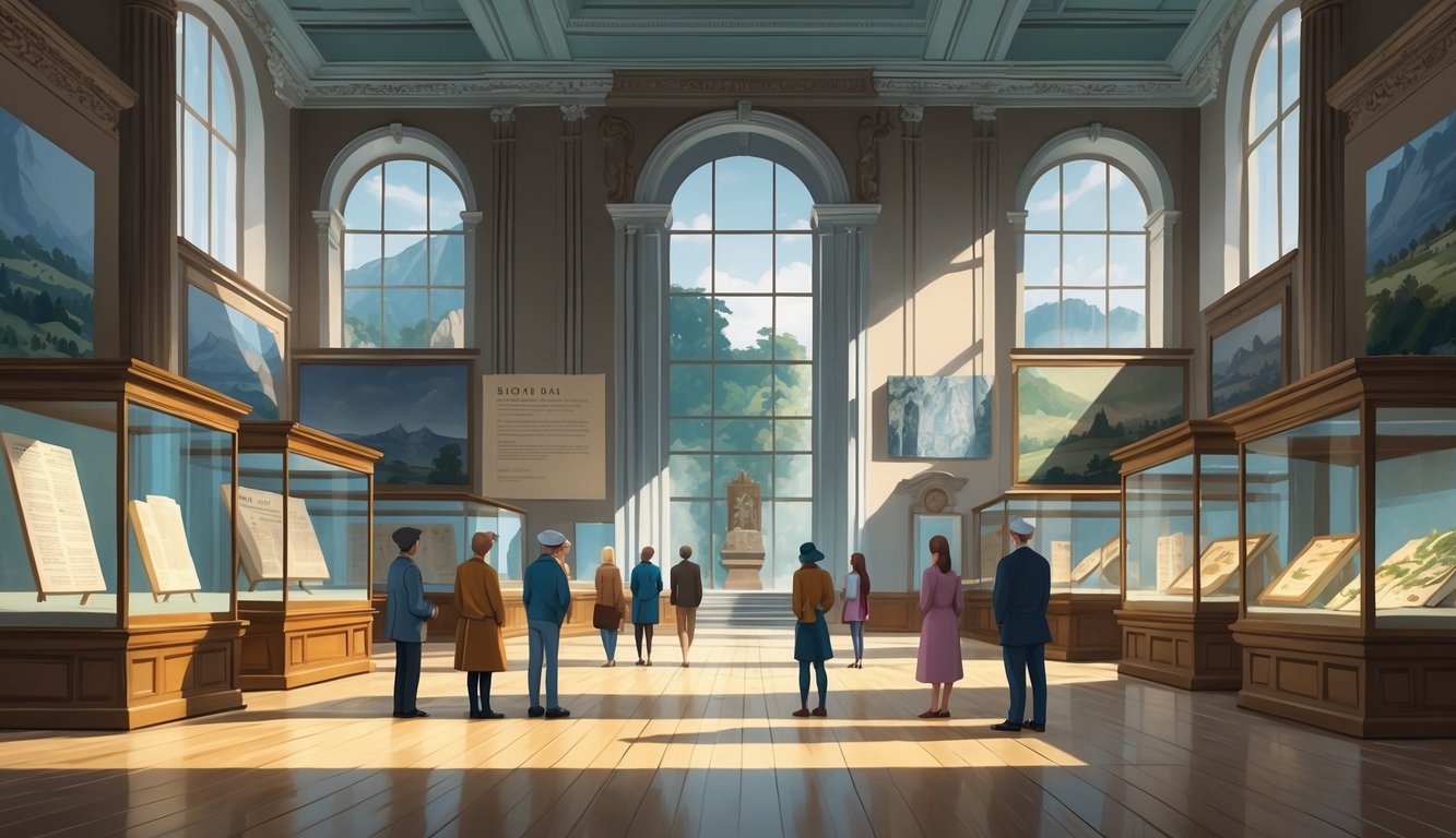 Interior of a museum gallery in Slovenia displaying ancient artifacts with visitors observing the exhibits.