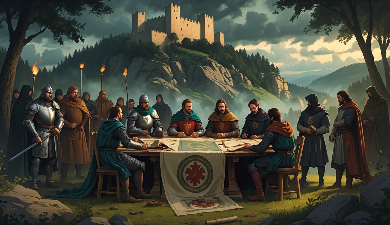 A group of medieval people gathered around a table with maps and scrolls near a stone castle on a hill, surrounded by forest under a cloudy sky.