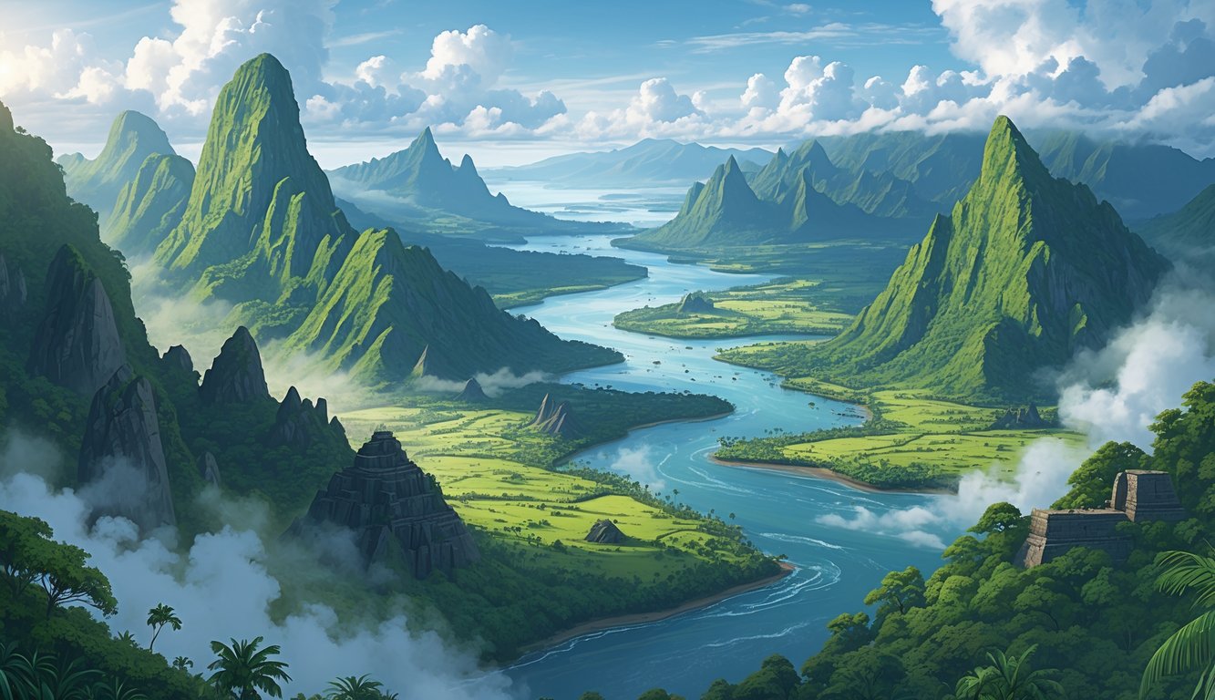 A landscape showing rugged mountains, dense jungle, rivers, ancient ruins, and surrounding islands under cloudy skies.