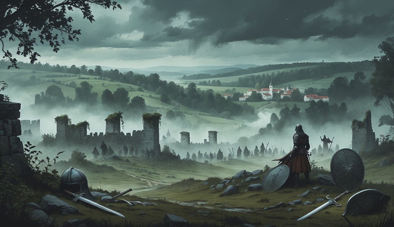 A misty ancient Slovak landscape with old stone fortresses, ghostly warriors in armor, scattered medieval weapons, and a distant traditional village under an overcast sky.
