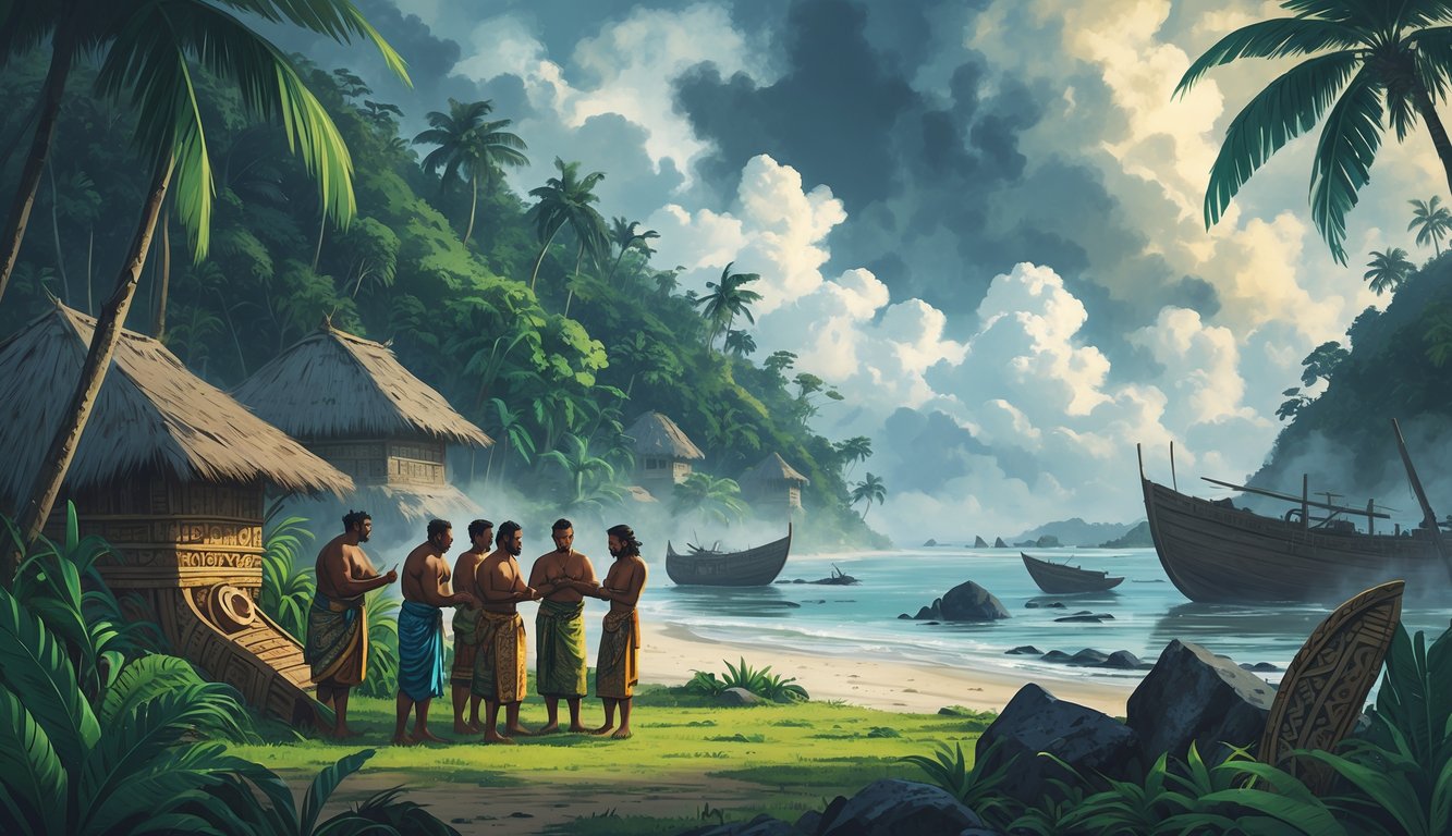 A tropical island scene with traditional huts, islanders in conversation, ancient artifacts, and shipwrecks along a misty coastline.