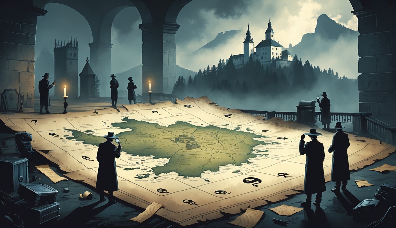 A map of Slovakia surrounded by people examining clues, with misty mountains and a castle in the background, symbolizing historical mysteries.
