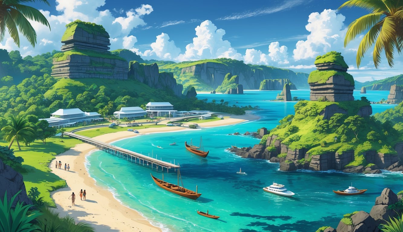 A tropical island scene showing lush forests, clear waters, traditional boats, modern infrastructure like an airport and port, ancient stone ruins, and local people interacting with tourists.