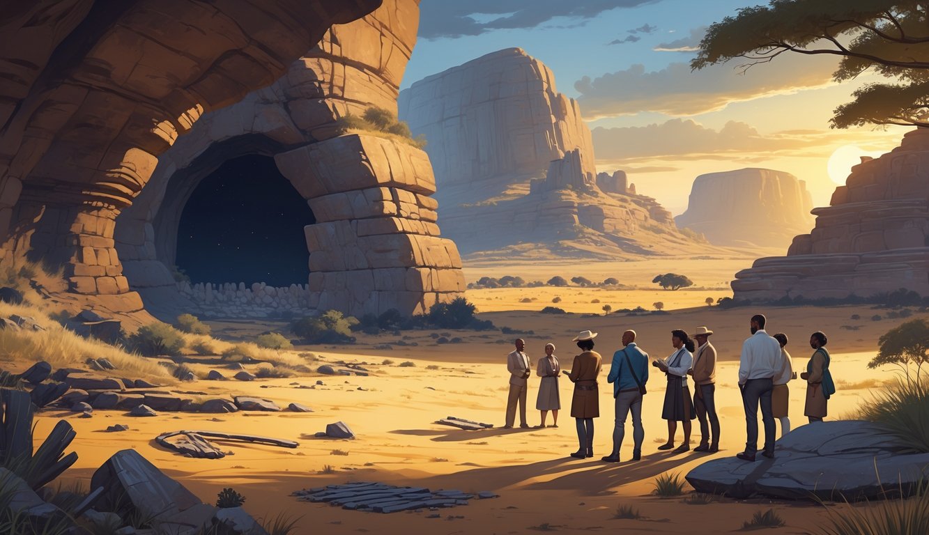 A landscape showing ancient caves, rock art, and desert ruins with people examining artifacts under a sunset sky.