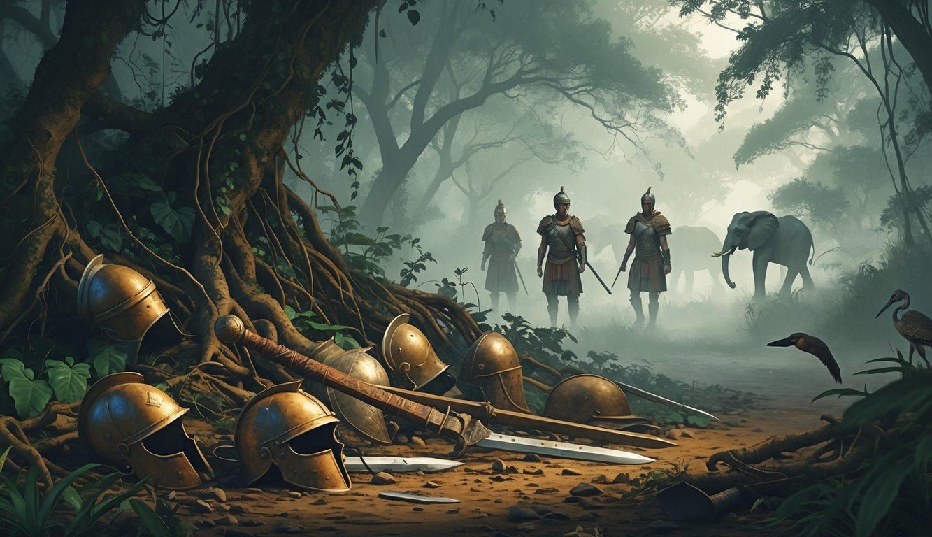 A misty African jungle scene with ancient Roman military artifacts scattered on the ground and ghostly outlines of Roman soldiers fading into the forest, surrounded by wildlife.