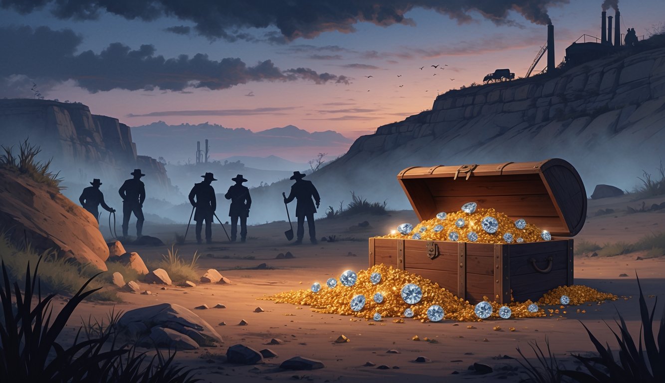 A dusty South African landscape at dusk with a partially buried chest of sparkling diamonds and gold, surrounded by ghostly figures of explorers searching nearby, with a mining town visible in the distance.