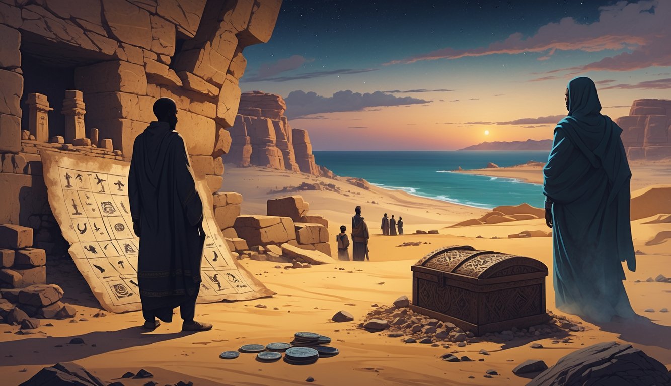 A scene showing ancient stone ruins, a person holding a mysterious map, traditional Somali nomads, and old artifacts by the Somali desert and coastline, evoking historical mysteries.