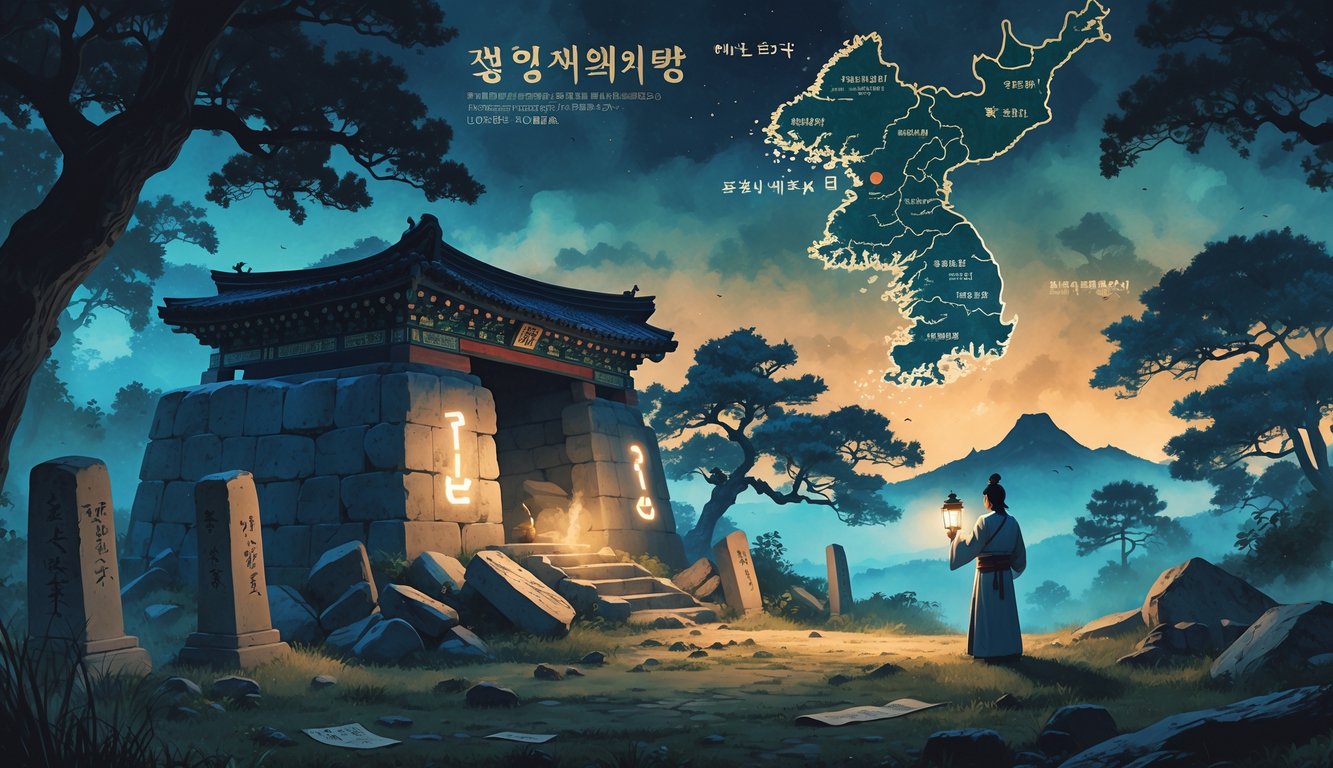 An ancient Korean tomb surrounded by mist and trees, a figure holding a lantern near scattered artifacts, with a faint map of Korea and mountains in the background.