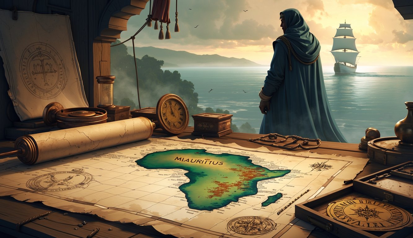 A shadowy figure in traditional Sultan clothing stands near a wooden table with an ancient map showing Mauritius and South Africa, surrounded by old artifacts and a ship sailing into the misty horizon.