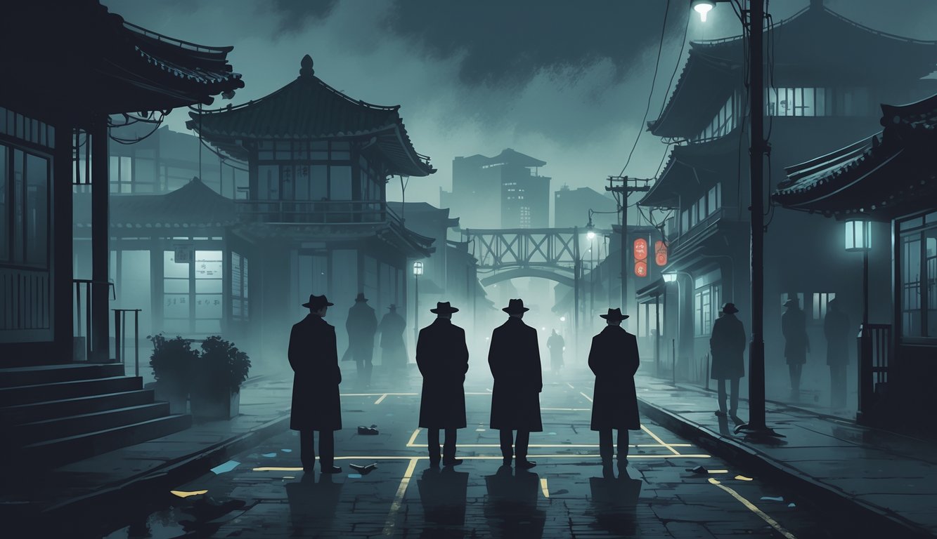 A foggy nighttime street scene in Busan with detectives investigating a crime near the waterfront, showing traditional and modern buildings under dim lights.
