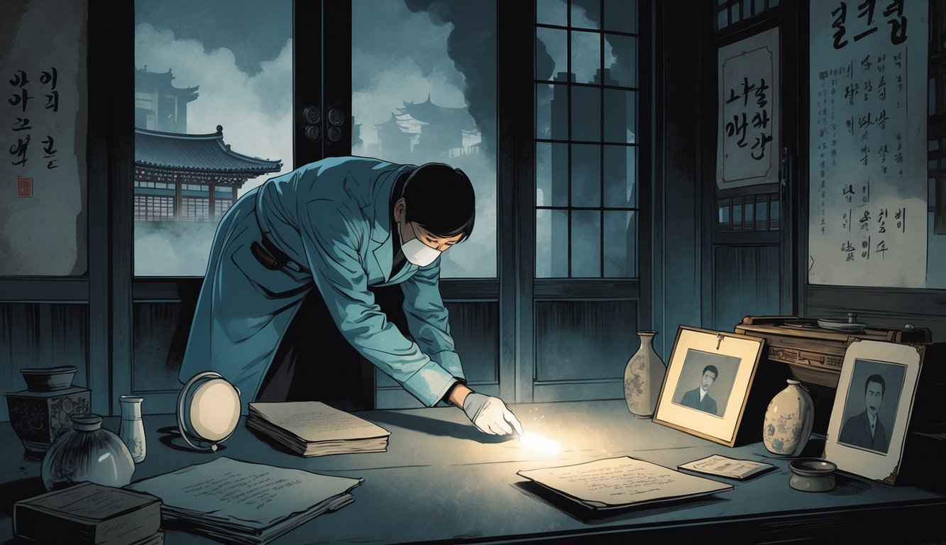 A dimly lit traditional Korean room with a forensic investigator examining evidence related to historical asphyxiation cases, surrounded by old documents and artifacts.
