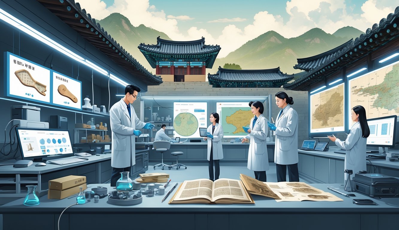 Scientists and historians in a lab using advanced technology to examine ancient Korean artifacts and historical sites.