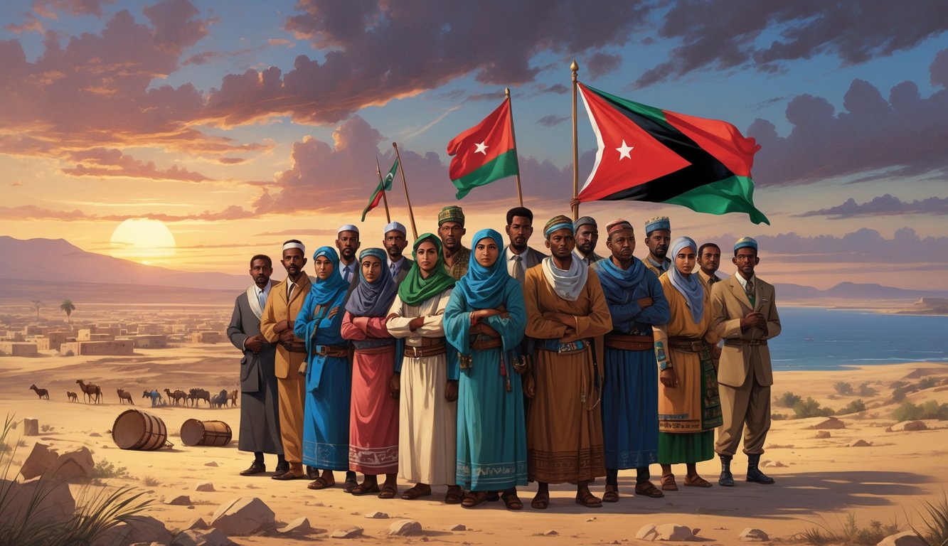 A group of Somali people standing united with a Somali flag in the background, surrounded by historical and cultural symbols representing their struggle for independence.