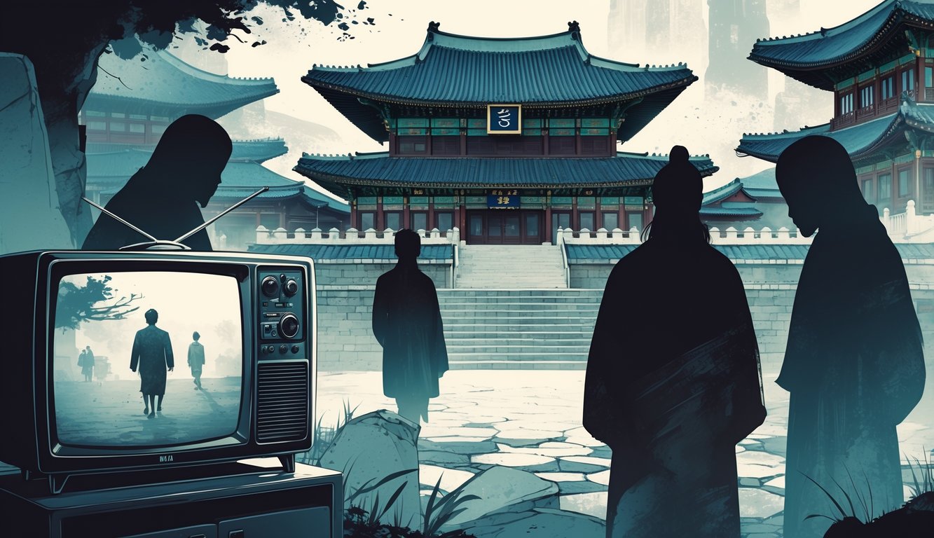 A collage showing South Korean historical landmarks and mysterious figures alongside vintage and modern media devices displaying blurred images, representing media influence on historical mysteries.