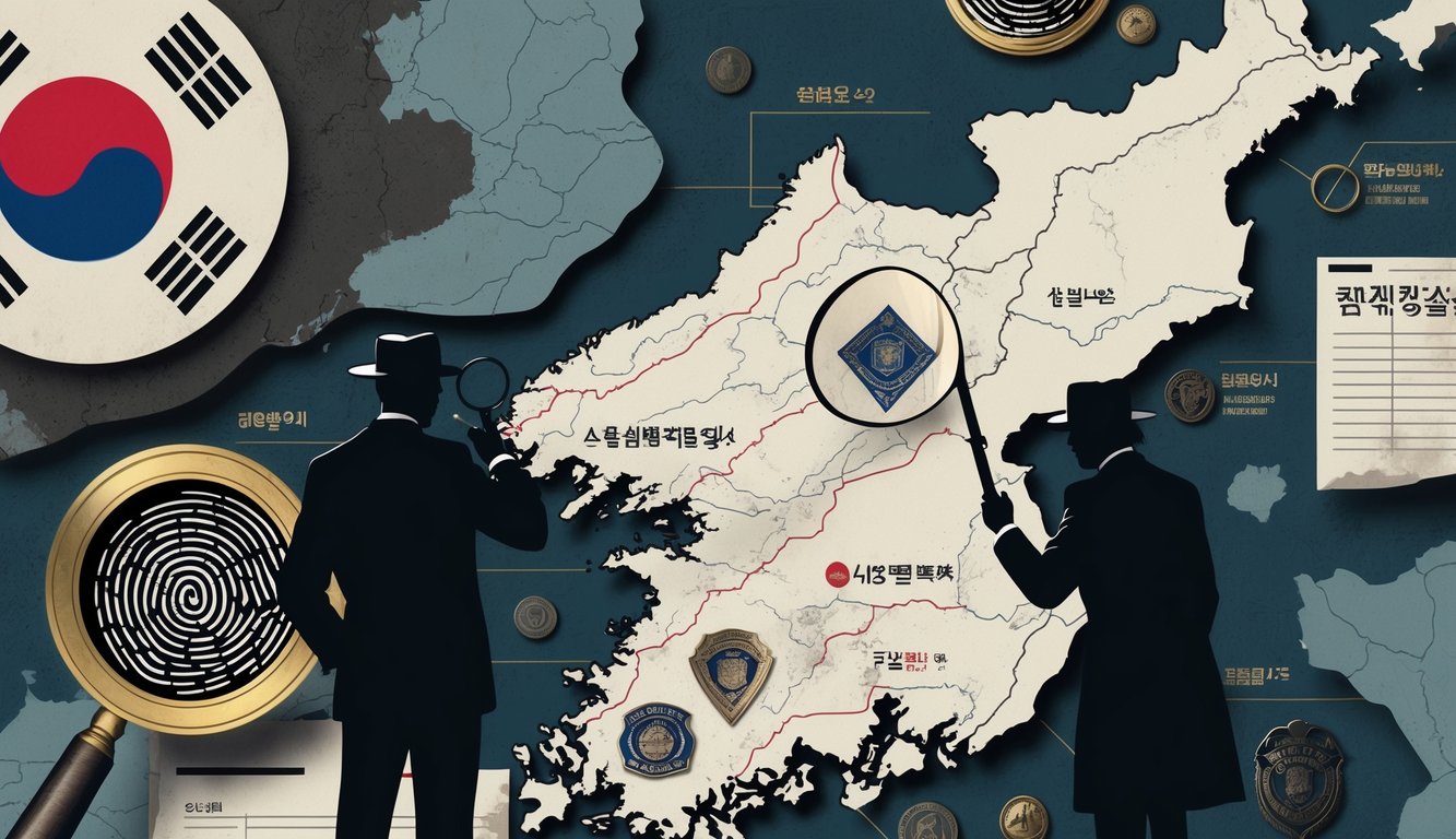 Illustration showing a map of South Korea with highlighted crime areas, investigators examining clues, and symbolic elements representing unsolved mysteries.