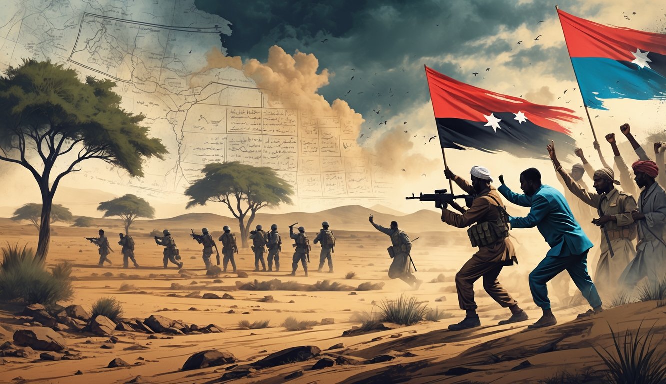 A detailed scene showing armed figures, protestors, and a Somali landscape symbolizing war, revolution, and instability in Somalia.