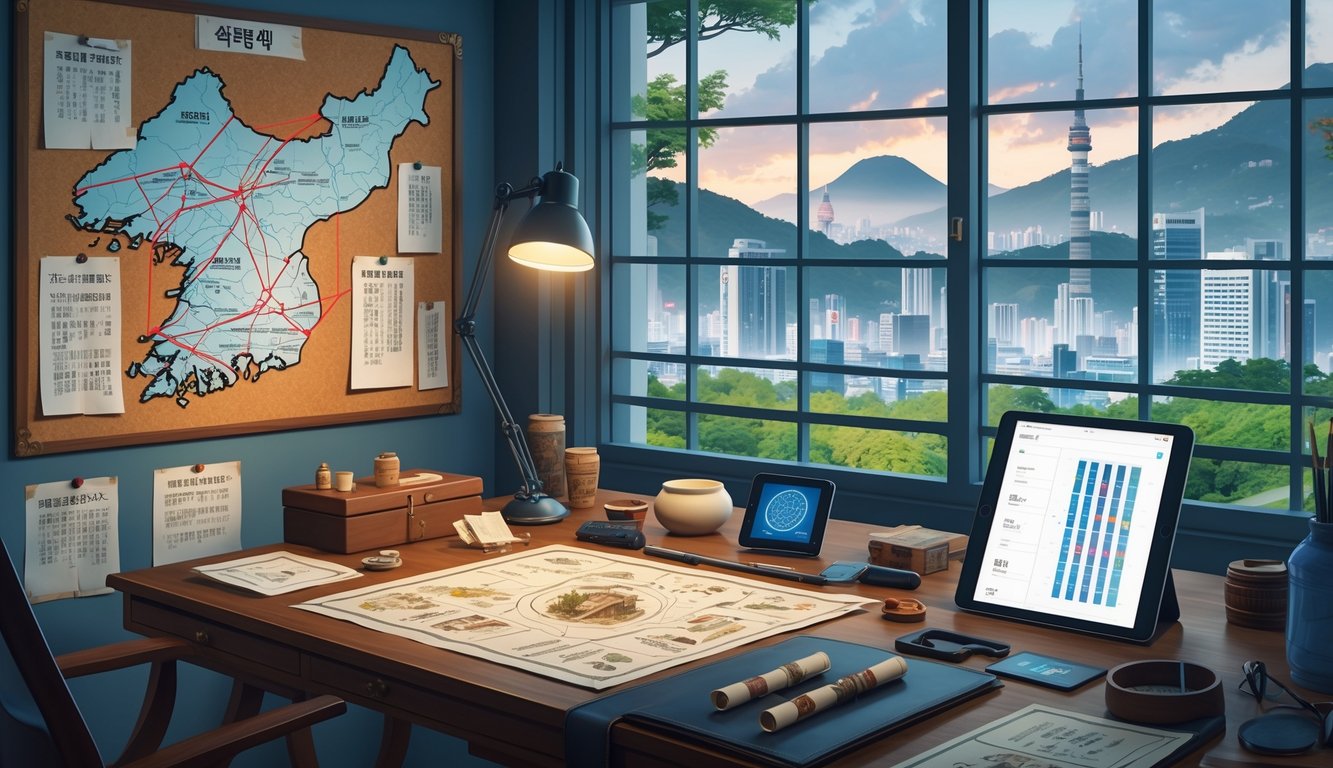 A workspace with maps, artifacts, and forensic tools related to historical mysteries in South Korea, showing a blend of modern and traditional elements.