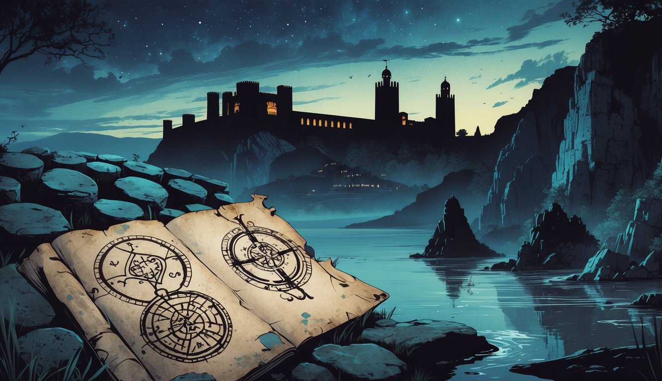 A collage showing Spanish landmarks and mysterious historical elements including ancient stone circles, the Alhambra palace, a medieval manuscript, a submerged lost city, and a knight with a map by coastal cliffs.